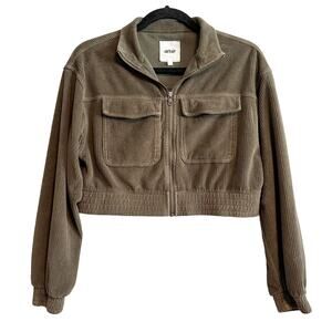 Aerie Groove On Ribbed Cropped Zip Jacket Corduroy Olive Green XS